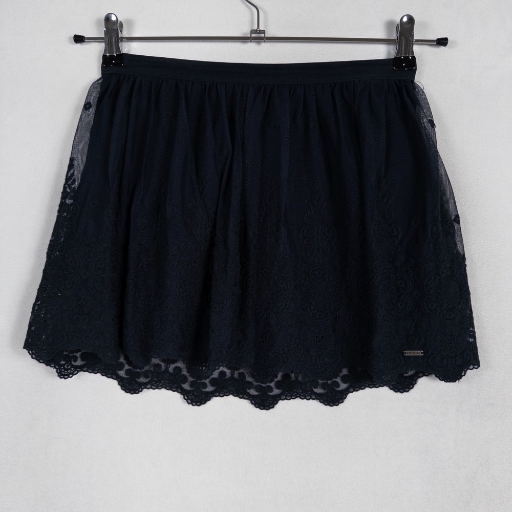 Hollister Skirt Womens XS Navy Blue Mini Pull On Embroidered Mesh Overlay